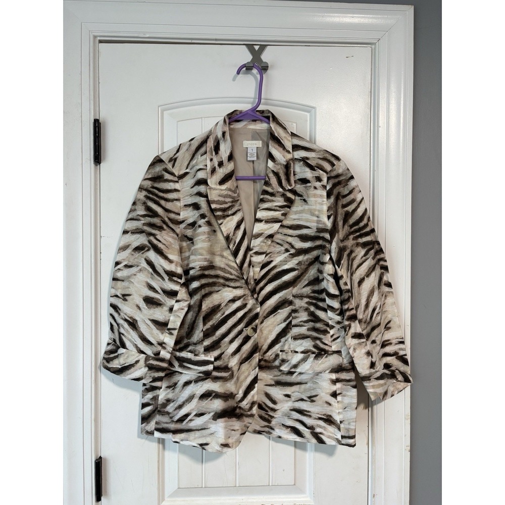 Chicos jacket Womens Chicos 1 Brown Beige Animal Print linen blend